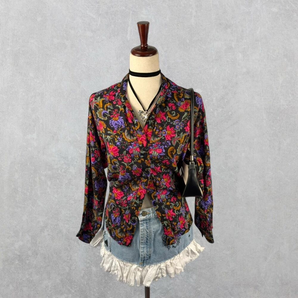 Vintage 90s Paris Blues Black Floral Multicolor Long Sleeve Button Up